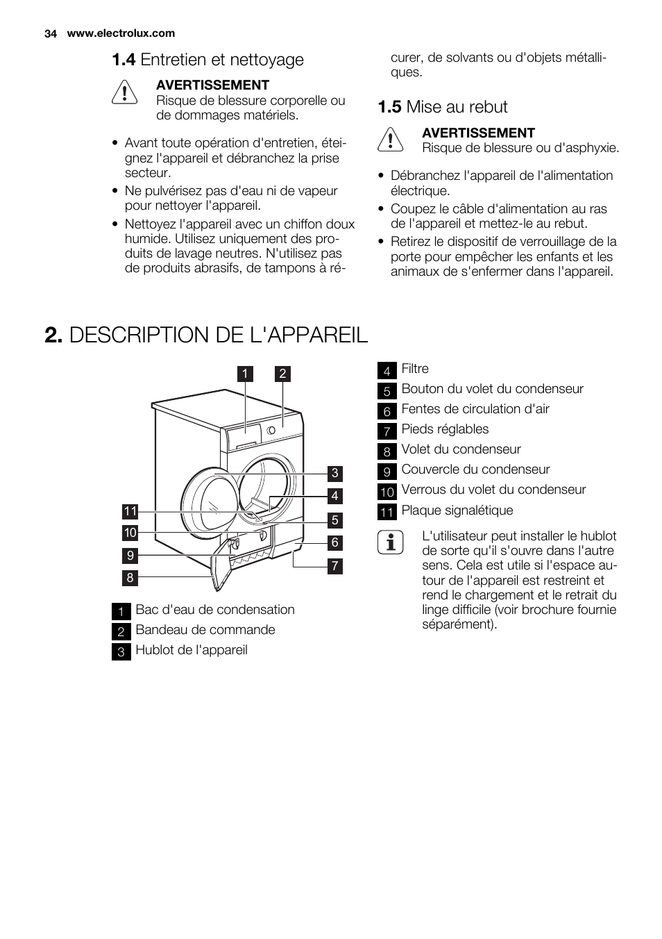 Description de l'appareil, 4 entretien et nettoyage, 5 mise au rebut | Electrolux EDC2086PDW User Manual | Page 34 / 64