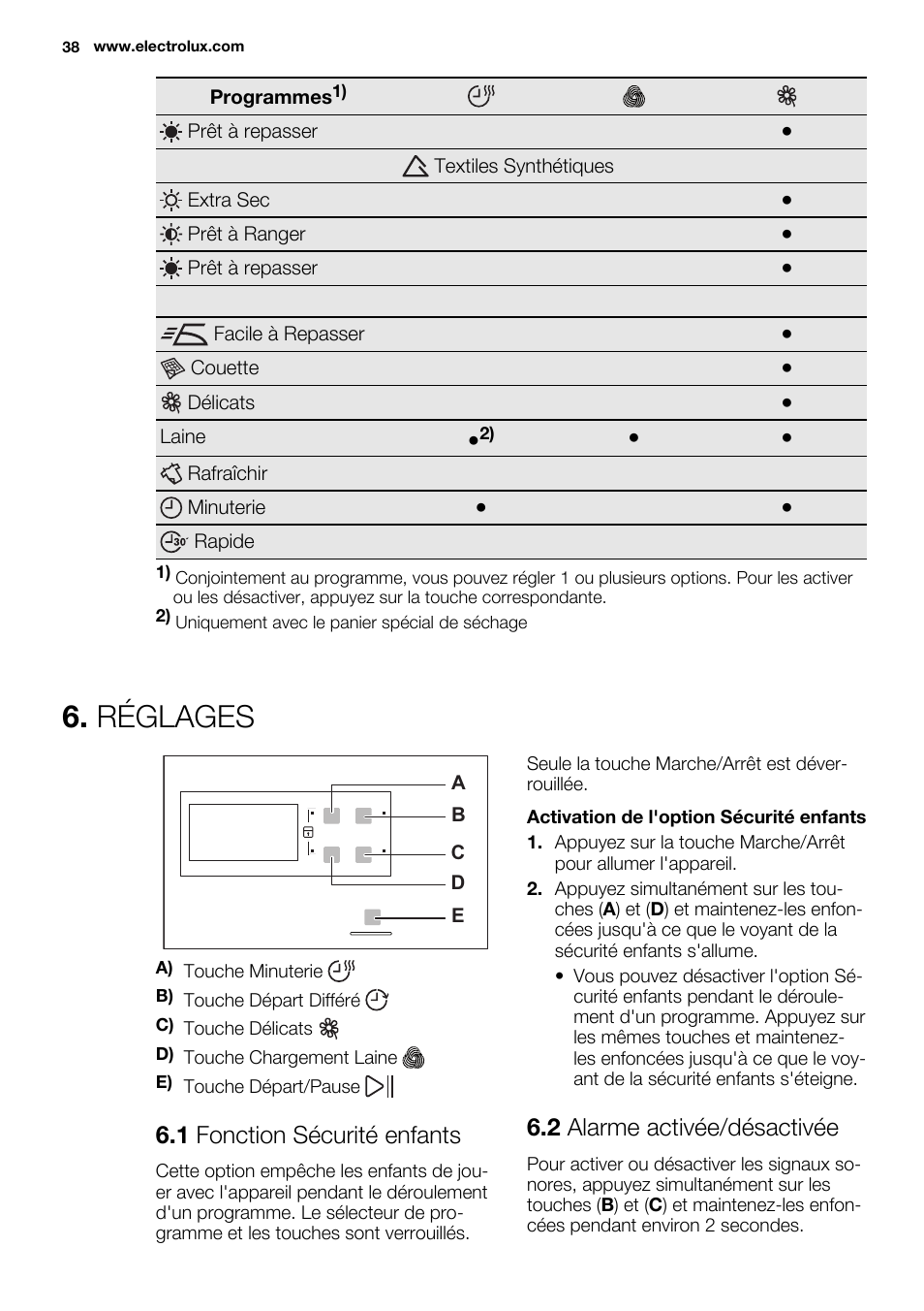 Réglages, 1 fonction sécurité enfants, 2 alarme activée/désactivée | Electrolux EDC2086PDW User Manual | Page 38 / 64
