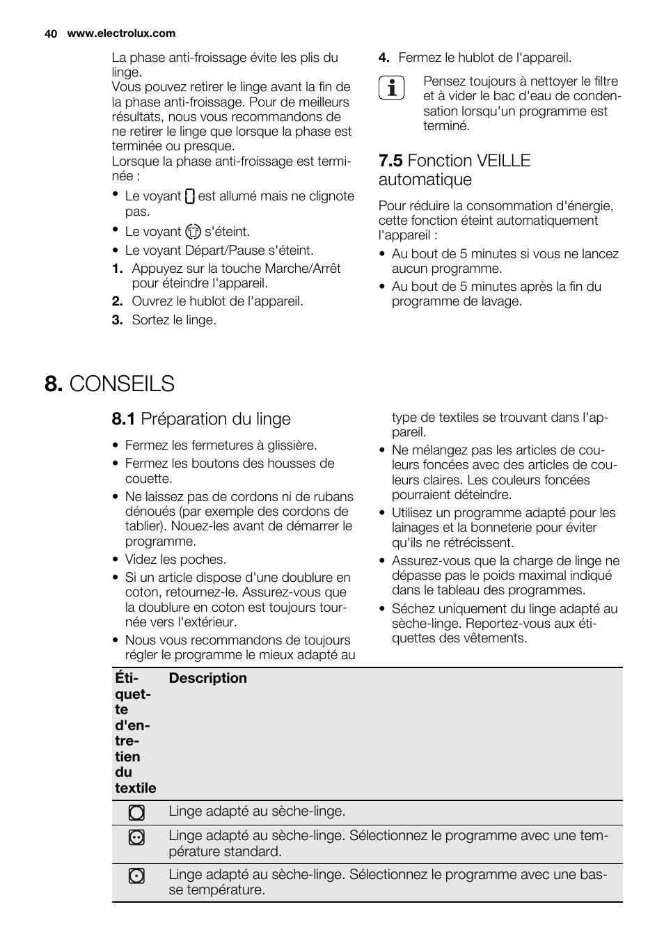 Conseils, 5 fonction veille automatique, 1 préparation du linge | Electrolux EDC2086PDW User Manual | Page 40 / 64