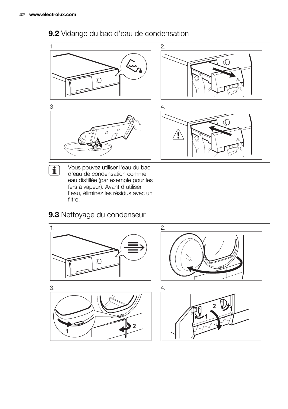 2 vidange du bac d'eau de condensation, 3 nettoyage du condenseur | Electrolux EDC2086PDW User Manual | Page 42 / 64