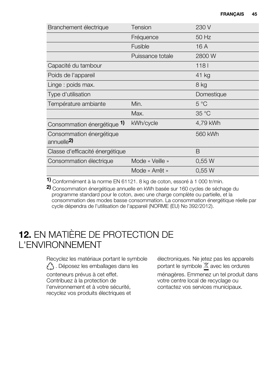 En matière de protection de l'environnement | Electrolux EDC2086PDW User Manual | Page 45 / 64