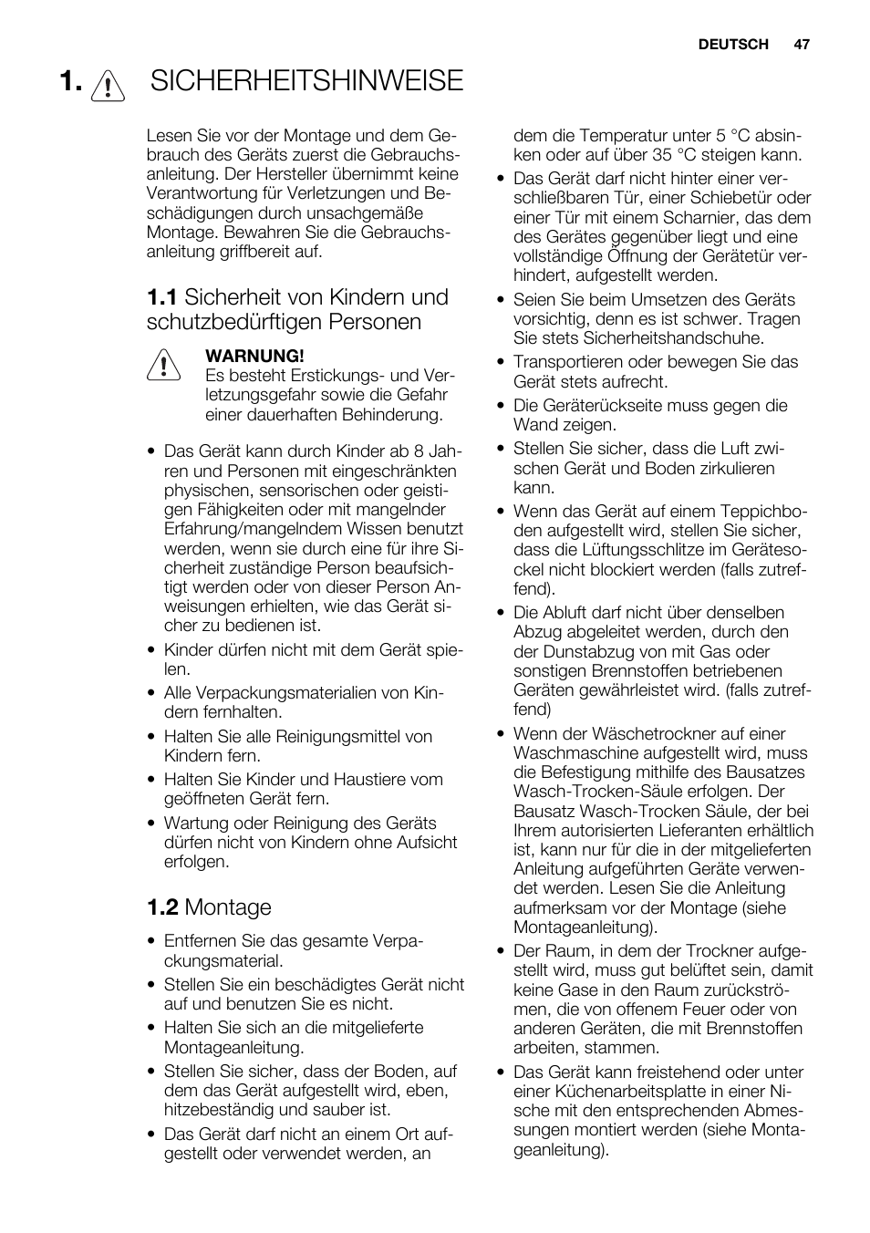 Sicherheitshinweise, 2 montage | Electrolux EDC2086PDW User Manual | Page 47 / 64