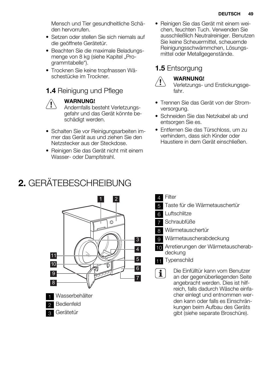 Gerätebeschreibung, 4 reinigung und pflege, 5 entsorgung | Electrolux EDC2086PDW User Manual | Page 49 / 64