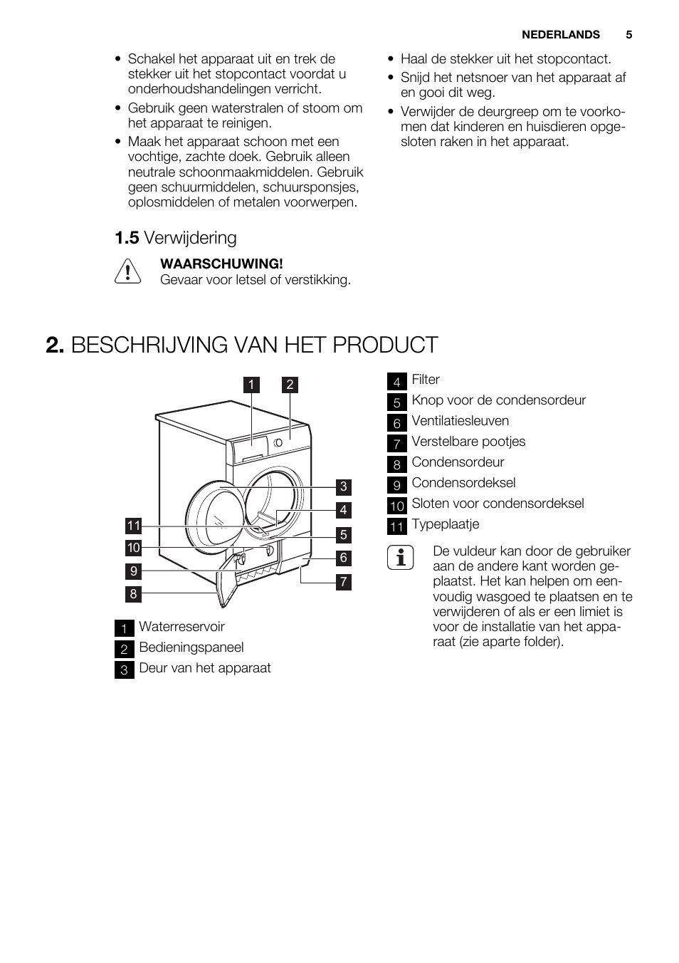 Beschrijving van het product, 5 verwijdering | Electrolux EDC2086PDW User Manual | Page 5 / 64
