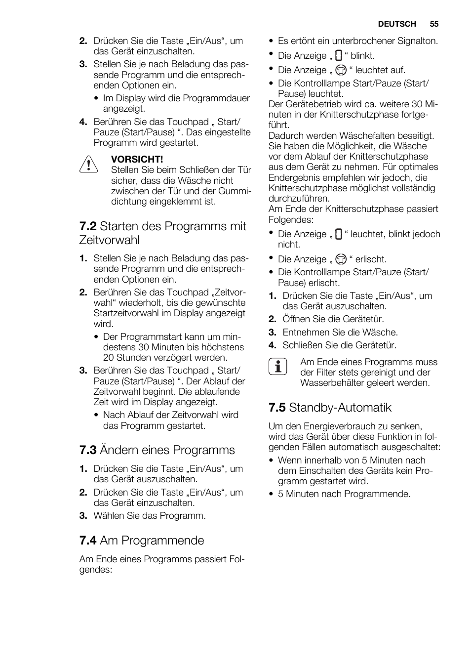 2 starten des programms mit zeitvorwahl, 3 ändern eines programms, 4 am programmende | 5 standby-automatik | Electrolux EDC2086PDW User Manual | Page 55 / 64