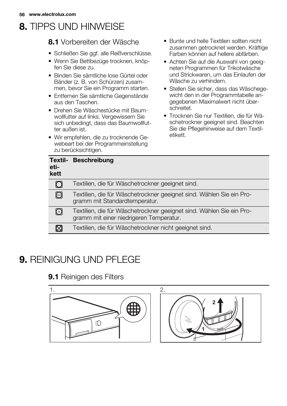 Tipps und hinweise, Reinigung und pflege, 1 vorbereiten der wäsche | 1 reinigen des filters | Electrolux EDC2086PDW User Manual | Page 56 / 64