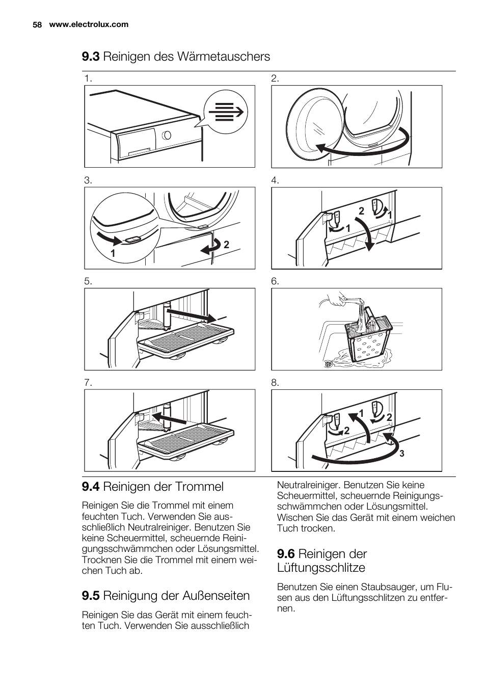 3 reinigen des wärmetauschers, 4 reinigen der trommel, 5 reinigung der außenseiten | 6 reinigen der lüftungsschlitze | Electrolux EDC2086PDW User Manual | Page 58 / 64