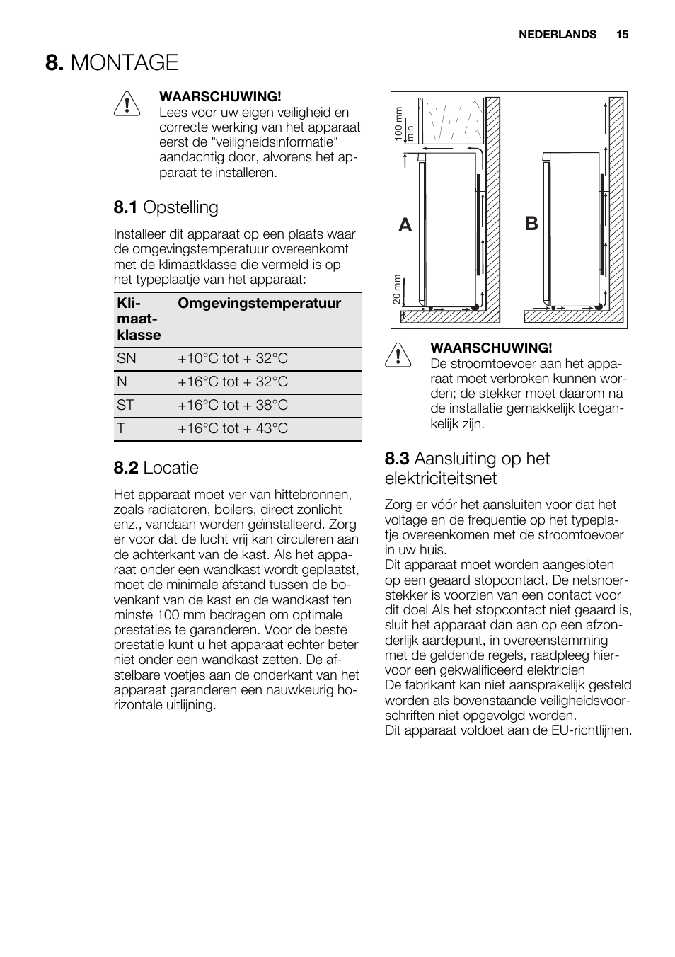 Montage, 1 opstelling, 2 locatie | 3 aansluiting op het elektriciteitsnet | Electrolux EUF2742AOW User Manual | Page 15 / 68