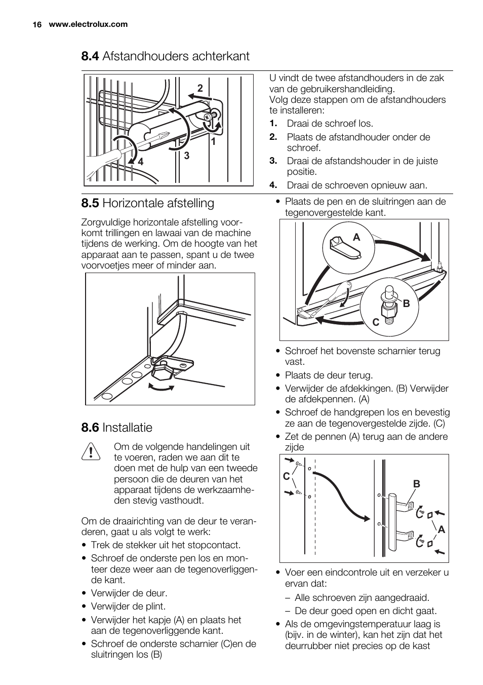 4 afstandhouders achterkant, 5 horizontale afstelling, 6 installatie | Electrolux EUF2742AOW User Manual | Page 16 / 68