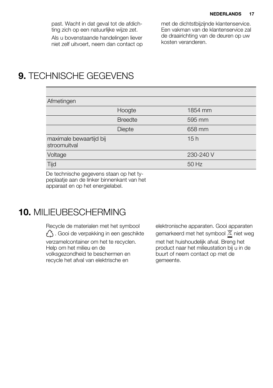 Technische gegevens, Milieubescherming | Electrolux EUF2742AOW User Manual | Page 17 / 68