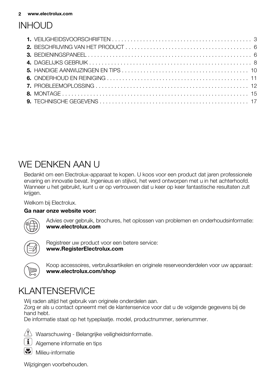 Inhoud, We denken aan u, Klantenservice | Electrolux EUF2742AOW User Manual | Page 2 / 68