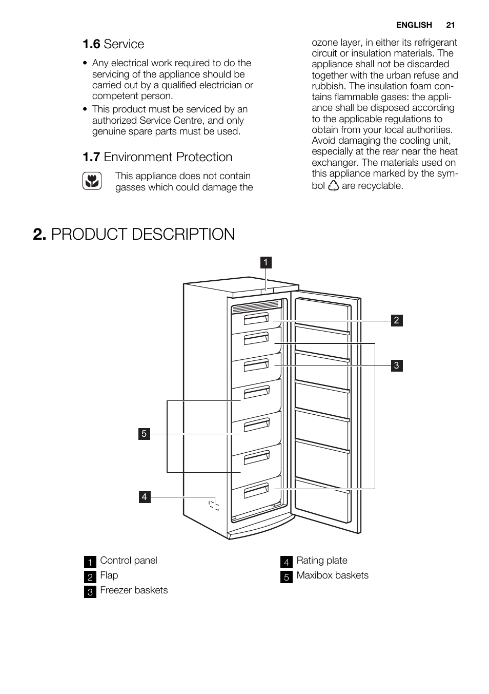 Product description, 6 service, 7 environment protection | Electrolux EUF2742AOW User Manual | Page 21 / 68