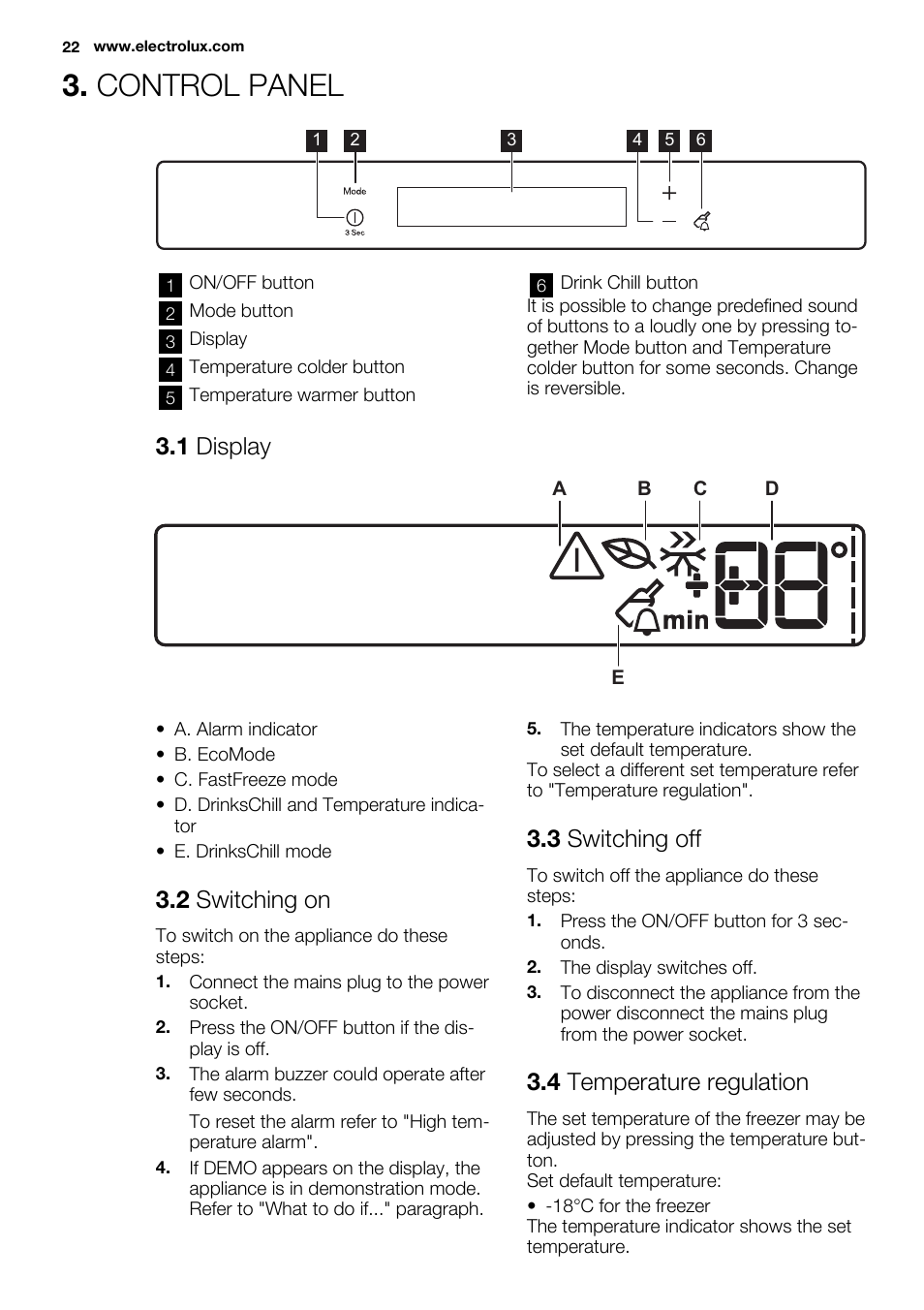 Control panel, 1 display, 2 switching on | 3 switching off, 4 temperature regulation | Electrolux EUF2742AOW User Manual | Page 22 / 68