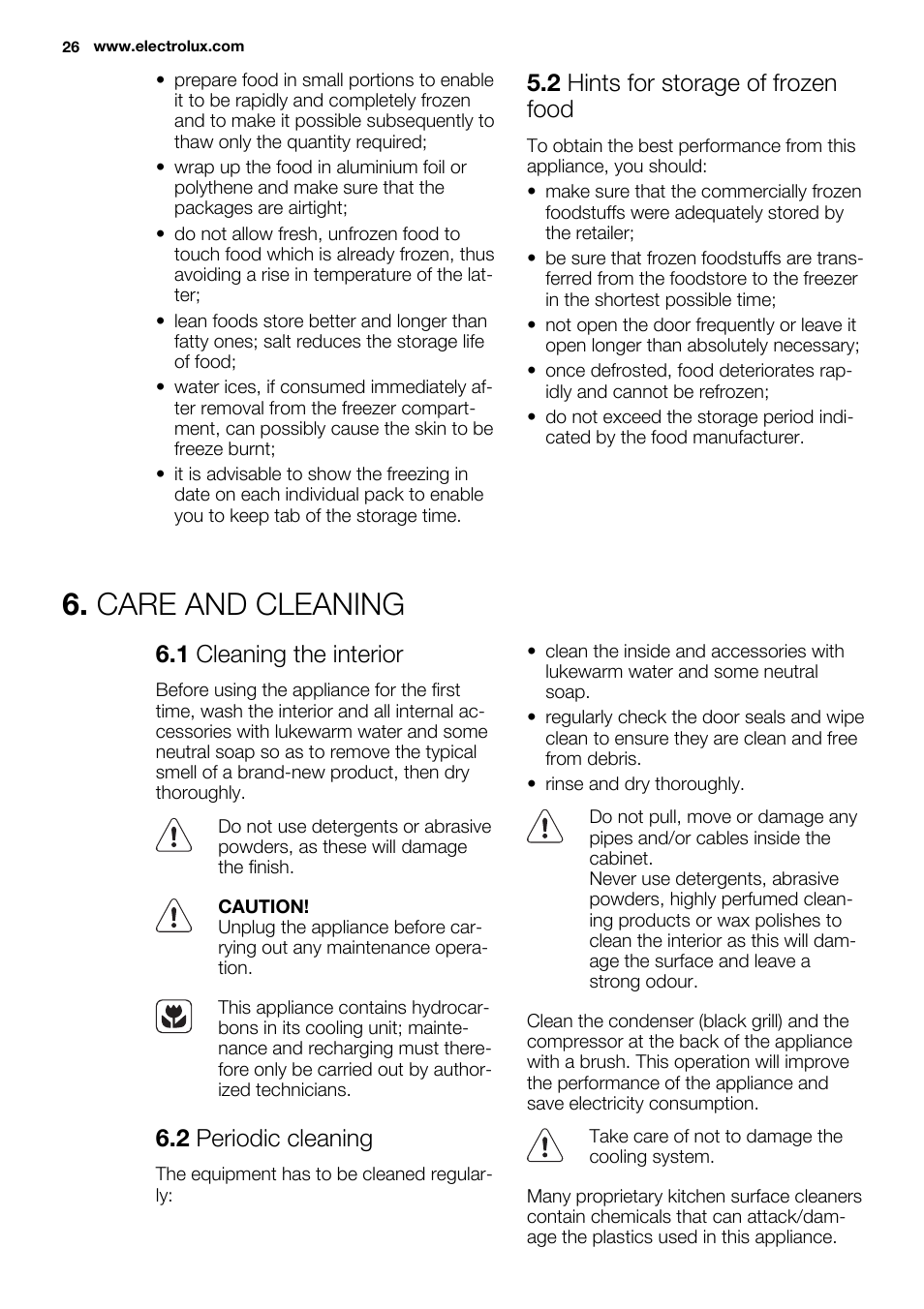 Care and cleaning, 2 hints for storage of frozen food, 1 cleaning the interior | 2 periodic cleaning | Electrolux EUF2742AOW User Manual | Page 26 / 68