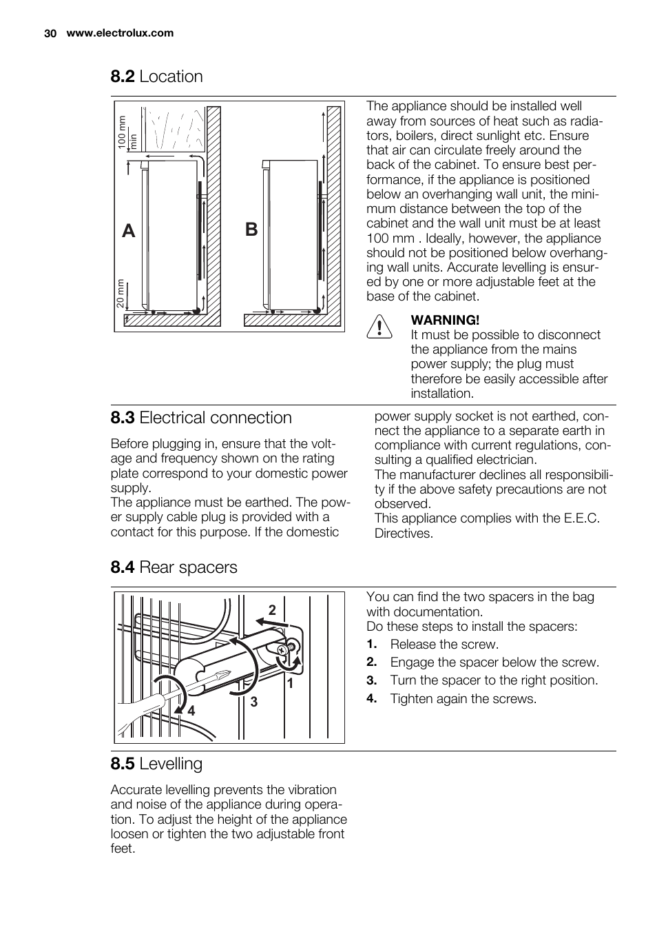 2 location, 3 electrical connection, 4 rear spacers | 5 levelling | Electrolux EUF2742AOW User Manual | Page 30 / 68