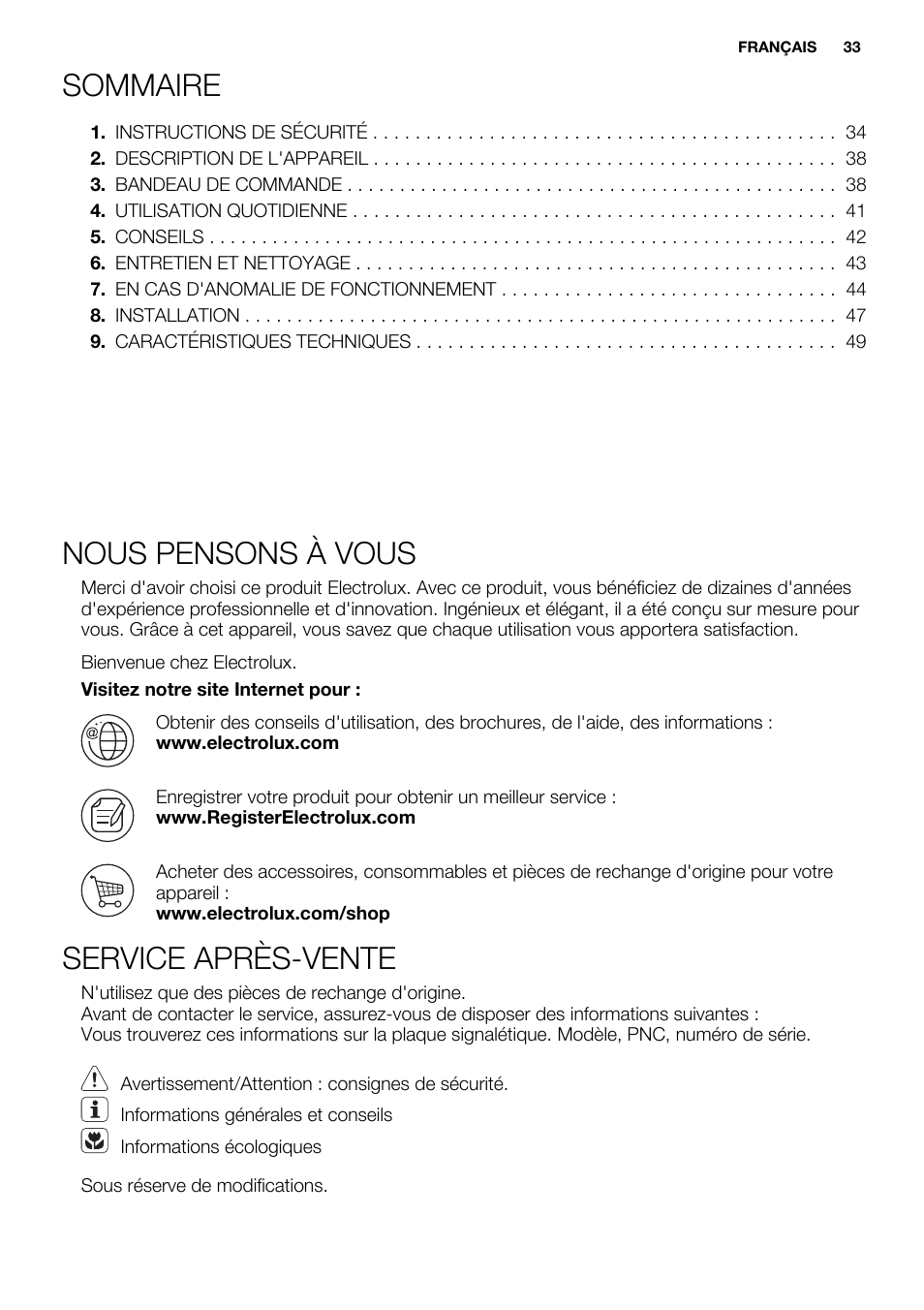 Sommaire, Nous pensons à vous, Service après-vente | Electrolux EUF2742AOW User Manual | Page 33 / 68