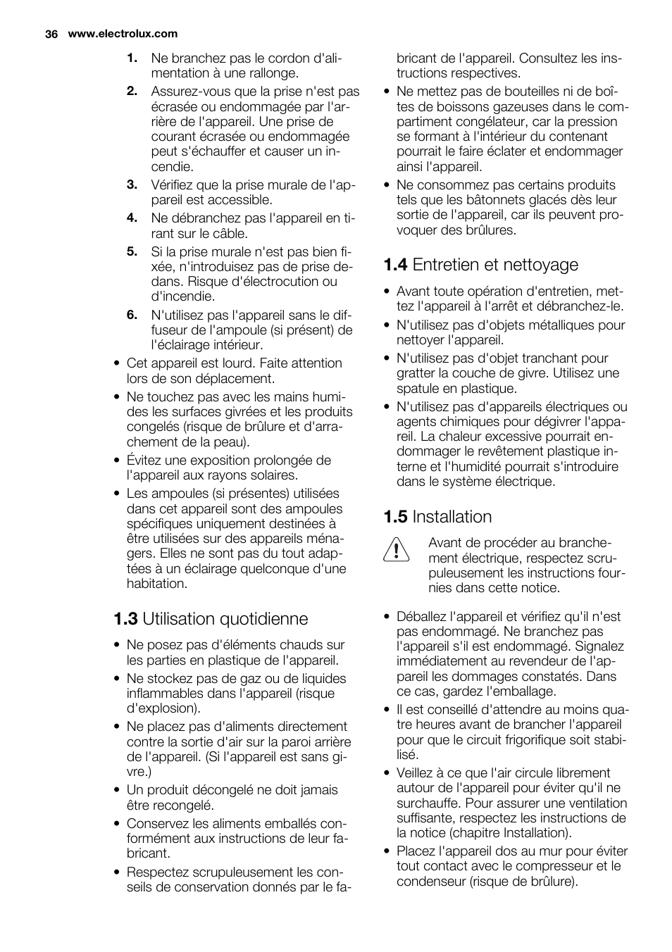 3 utilisation quotidienne, 4 entretien et nettoyage, 5 installation | Electrolux EUF2742AOW User Manual | Page 36 / 68