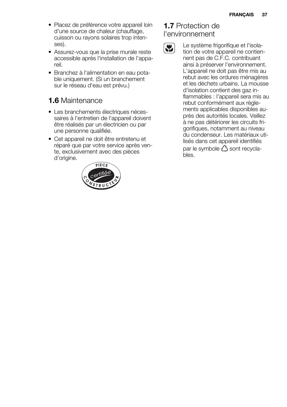 6 maintenance, 7 protection de l'environnement | Electrolux EUF2742AOW User Manual | Page 37 / 68