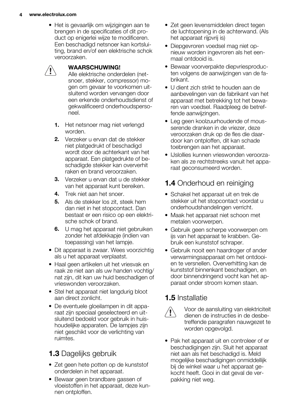 3 dagelijks gebruik, 4 onderhoud en reiniging, 5 installatie | Electrolux EUF2742AOW User Manual | Page 4 / 68