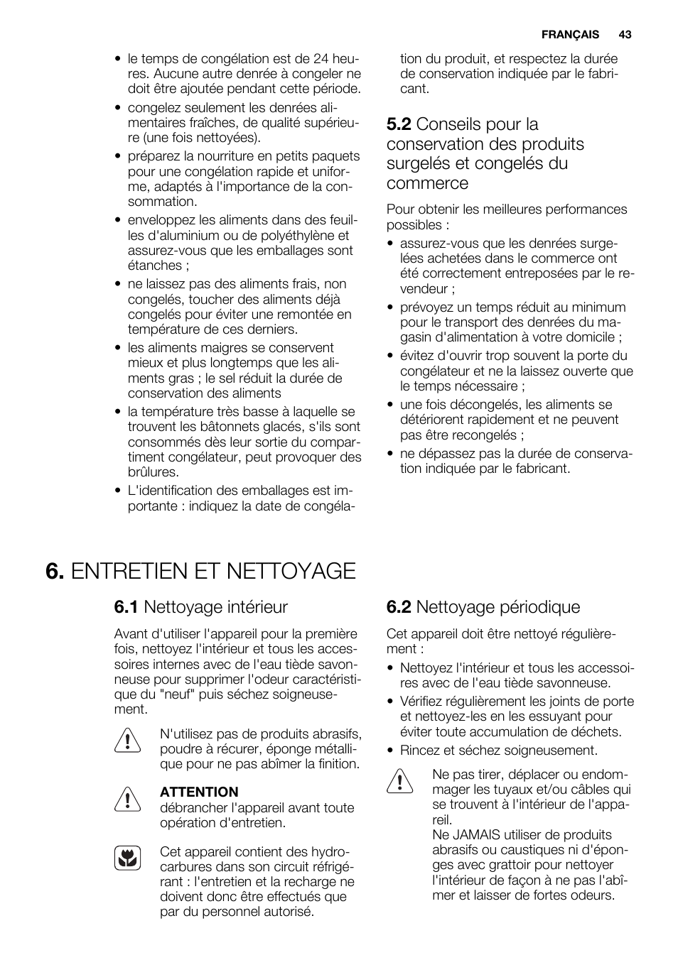 Entretien et nettoyage, 1 nettoyage intérieur, 2 nettoyage périodique | Electrolux EUF2742AOW User Manual | Page 43 / 68