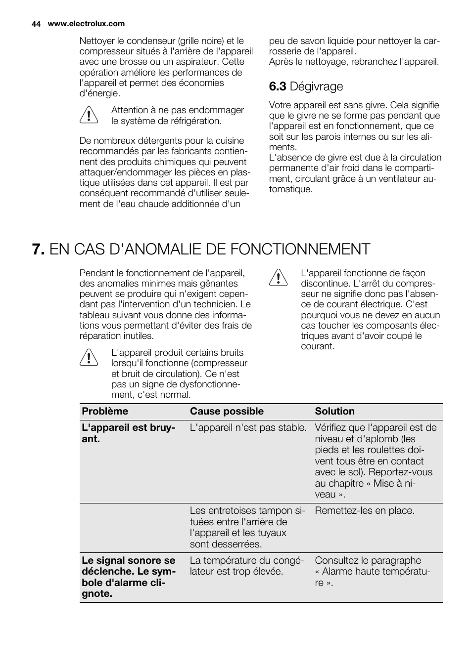 En cas d'anomalie de fonctionnement, 3 dégivrage | Electrolux EUF2742AOW User Manual | Page 44 / 68