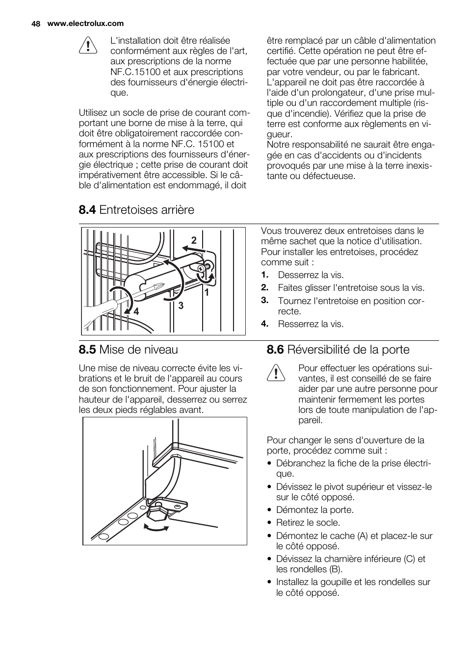 4 entretoises arrière, 5 mise de niveau, 6 réversibilité de la porte | Electrolux EUF2742AOW User Manual | Page 48 / 68