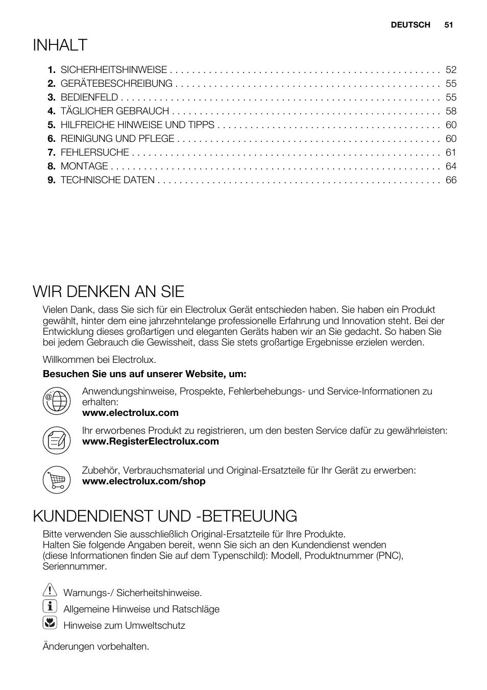 Inhalt, Wir denken an sie, Kundendienst und -betreuung | Electrolux EUF2742AOW User Manual | Page 51 / 68