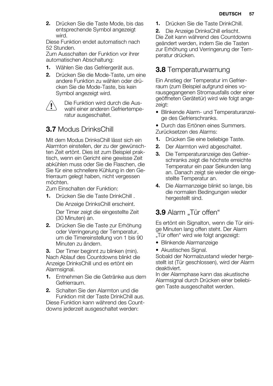 7 modus drinkschill, 8 temperaturwarnung, 9 alarm „tür offen | Electrolux EUF2742AOW User Manual | Page 57 / 68