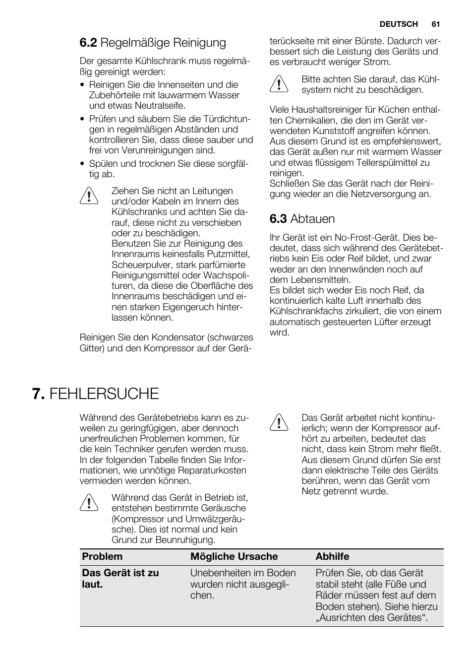 Fehlersuche, 2 regelmäßige reinigung, 3 abtauen | Electrolux EUF2742AOW User Manual | Page 61 / 68