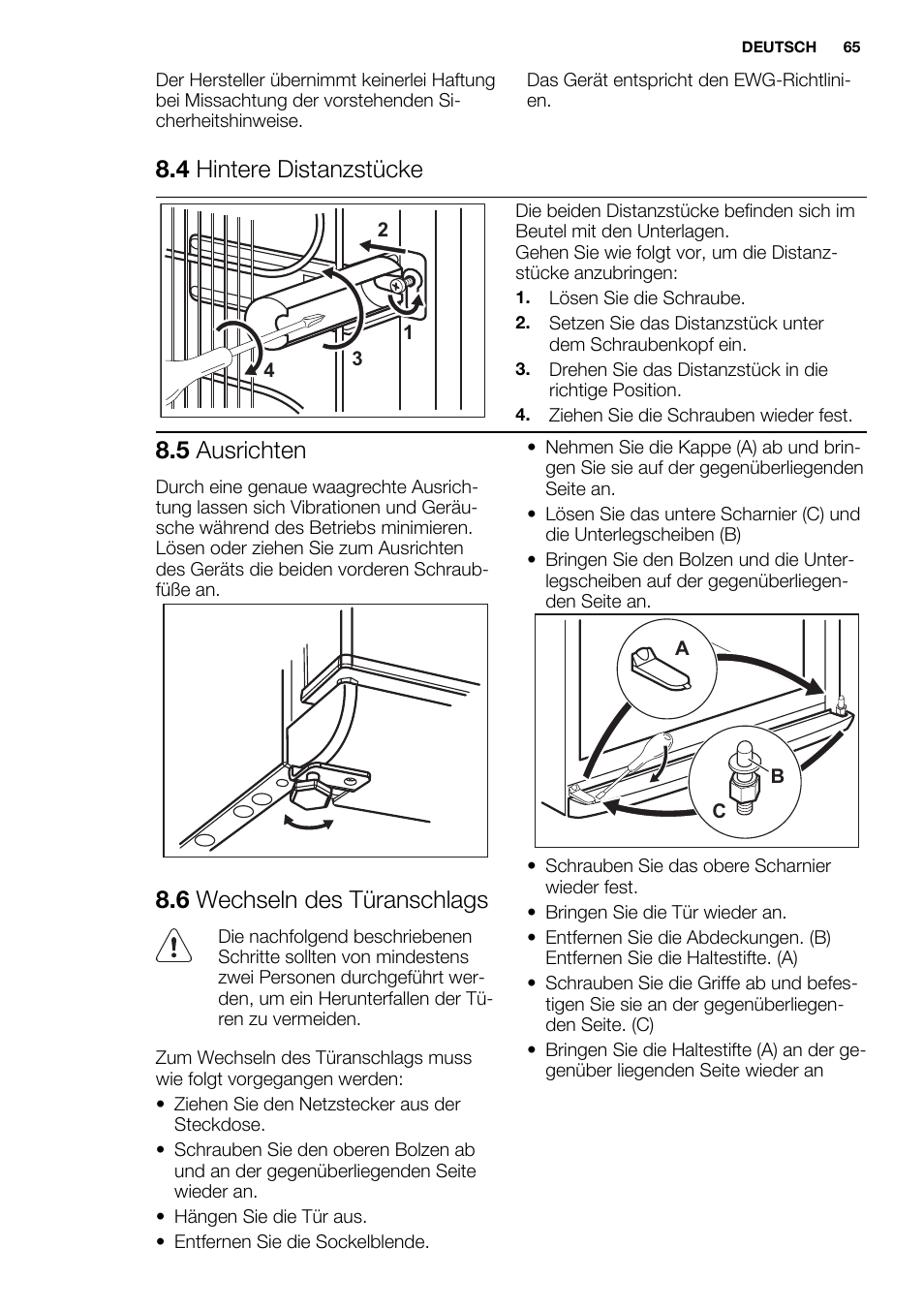 4 hintere distanzstücke, 5 ausrichten, 6 wechseln des türanschlags | Electrolux EUF2742AOW User Manual | Page 65 / 68
