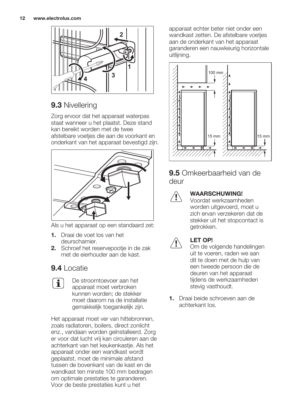 3 nivellering, 4 locatie, 5 omkeerbaarheid van de deur | Electrolux ERT1606AOW User Manual | Page 12 / 60