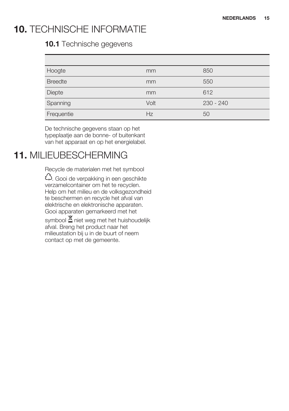 Technische informatie, 1 technische gegevens, Milieubescherming | Electrolux ERT1606AOW User Manual | Page 15 / 60