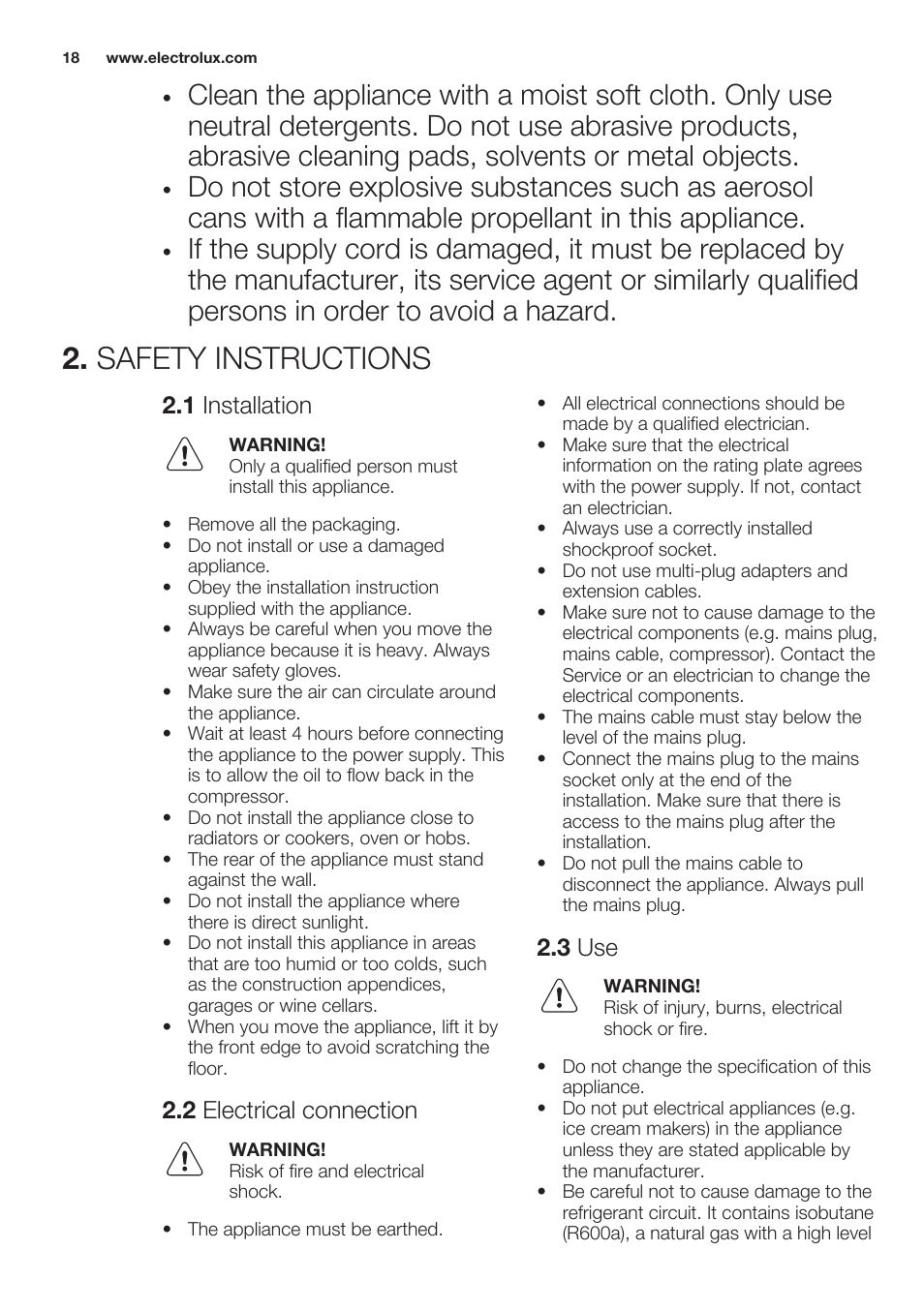 Safety instructions, 1 installation, 2 electrical connection | 3 use | Electrolux ERT1606AOW User Manual | Page 18 / 60