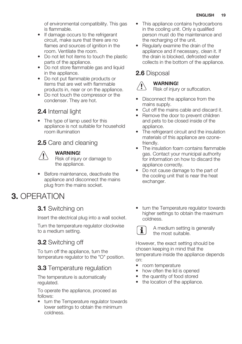 4 internal light, 5 care and cleaning, 6 disposal | Operation, 1 switching on, 2 switching off, 3 temperature regulation | Electrolux ERT1606AOW User Manual | Page 19 / 60