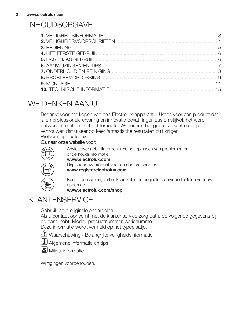 Inhoudsopgave, Gebruiksaanwijzing, We denken aan u | Klantenservice | Electrolux ERT1606AOW User Manual | Page 2 / 60