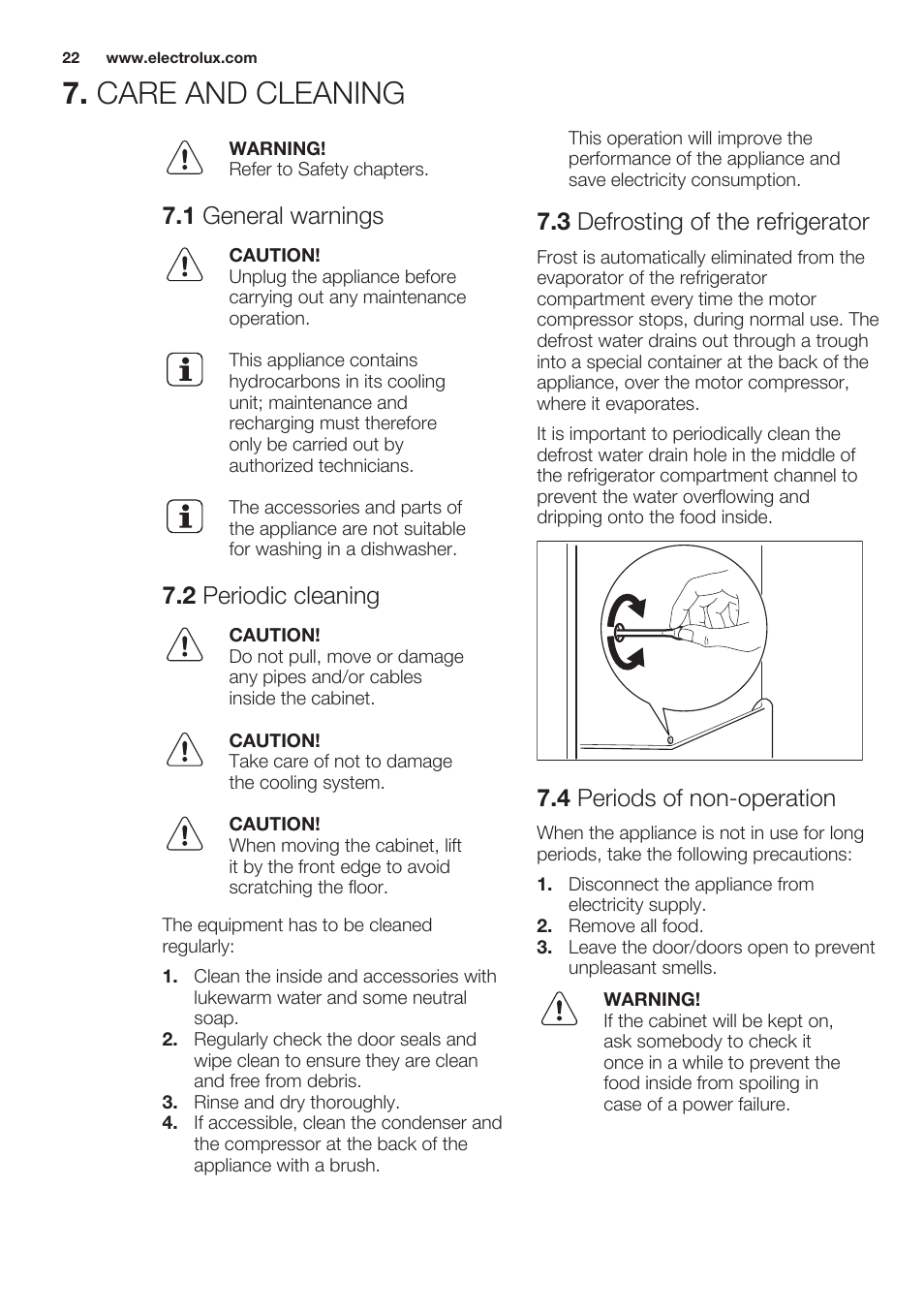 Care and cleaning, 1 general warnings, 2 periodic cleaning | 3 defrosting of the refrigerator, 4 periods of non-operation | Electrolux ERT1606AOW User Manual | Page 22 / 60