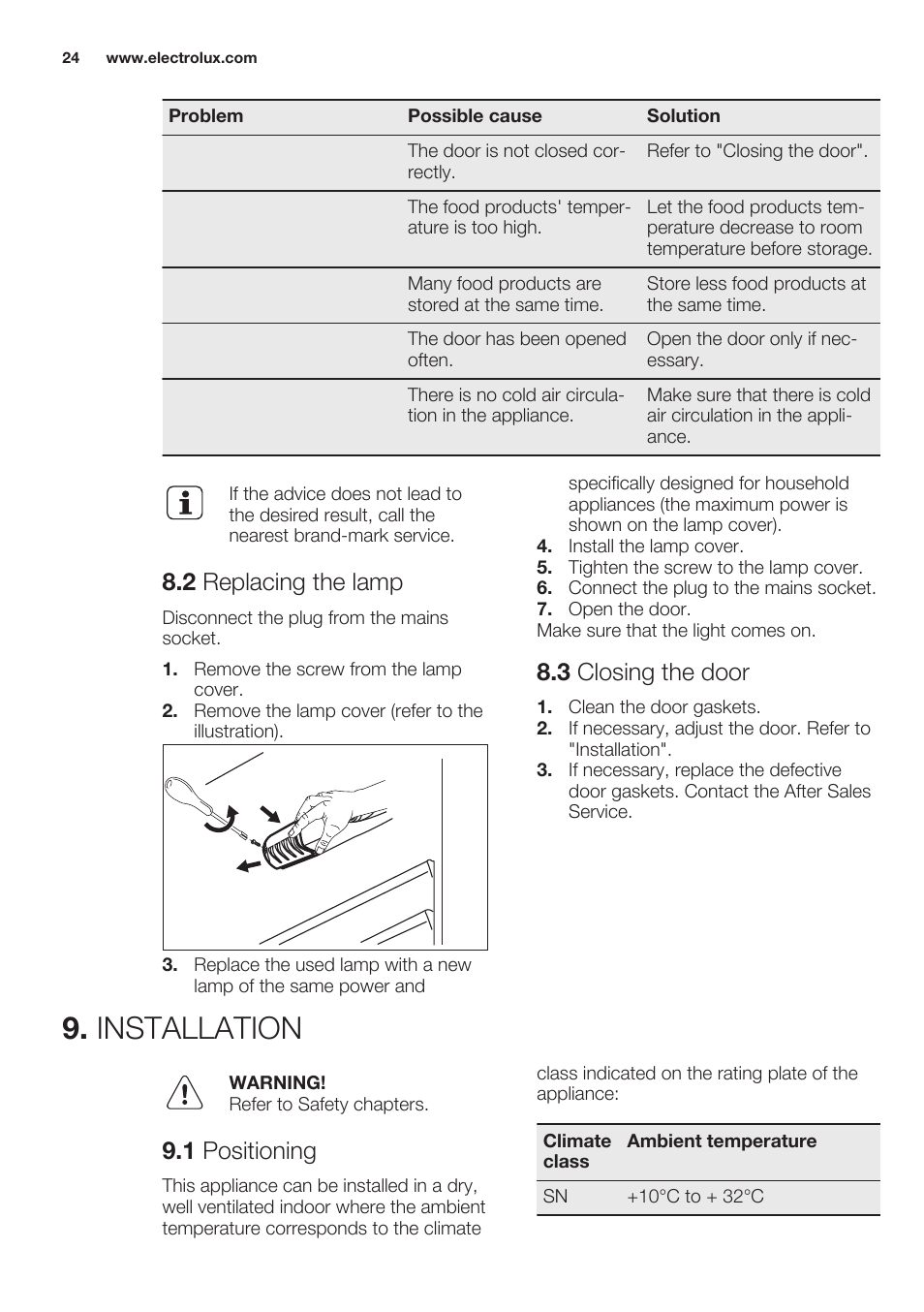 2 replacing the lamp, 3 closing the door, Installation | 1 positioning | Electrolux ERT1606AOW User Manual | Page 24 / 60