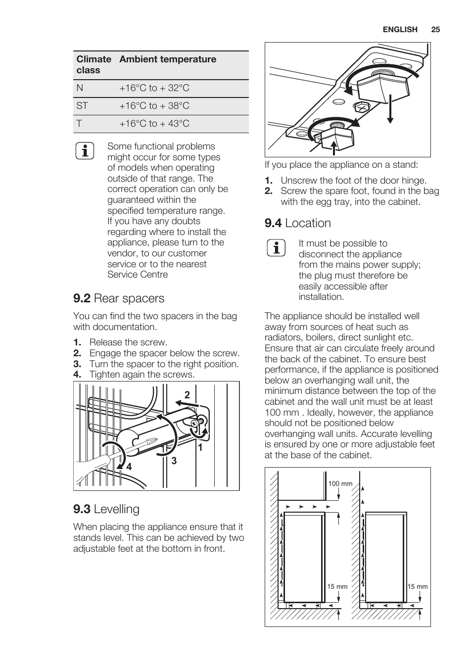 2 rear spacers, 3 levelling, 4 location | Electrolux ERT1606AOW User Manual | Page 25 / 60