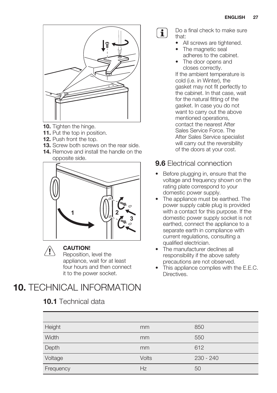 6 electrical connection, Technical information, 1 technical data | Electrolux ERT1606AOW User Manual | Page 27 / 60