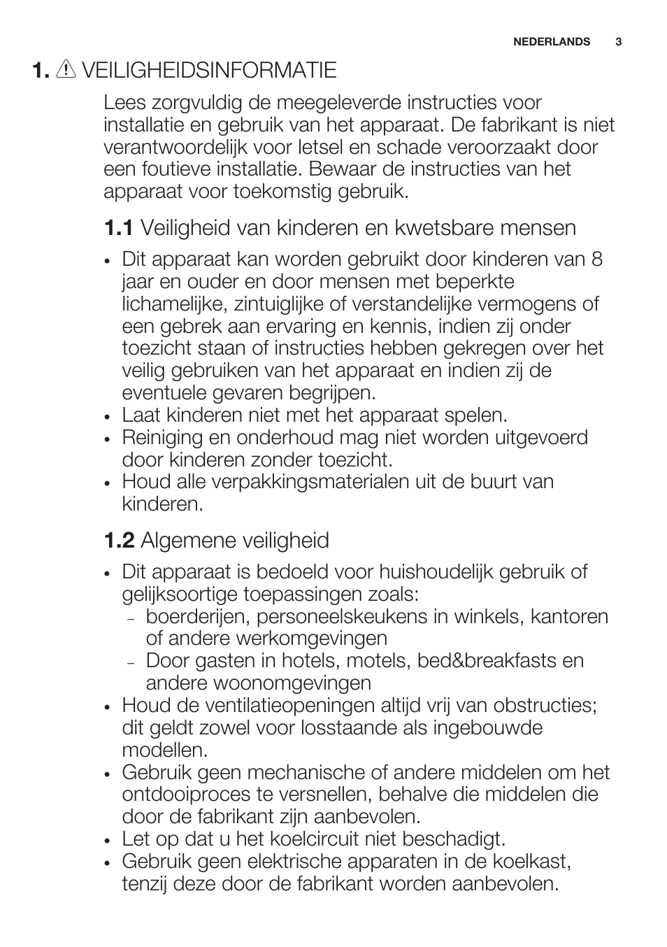 Veiligheidsinformatie, 1 veiligheid van kinderen en kwetsbare mensen, 2 algemene veiligheid | Electrolux ERT1606AOW User Manual | Page 3 / 60