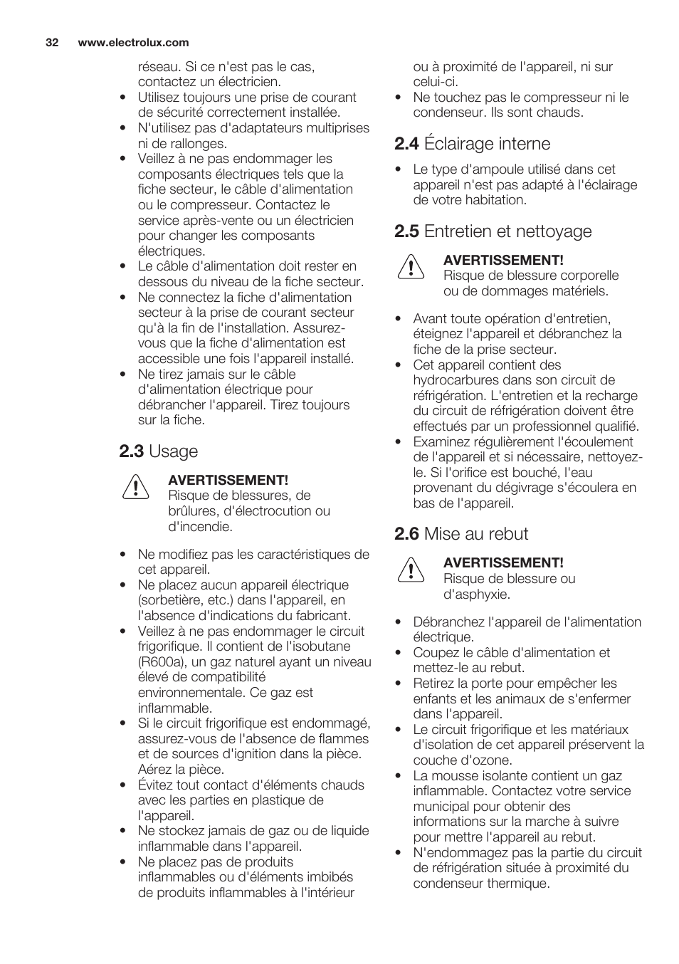 3 usage, 4 éclairage interne, 5 entretien et nettoyage | 6 mise au rebut | Electrolux ERT1606AOW User Manual | Page 32 / 60