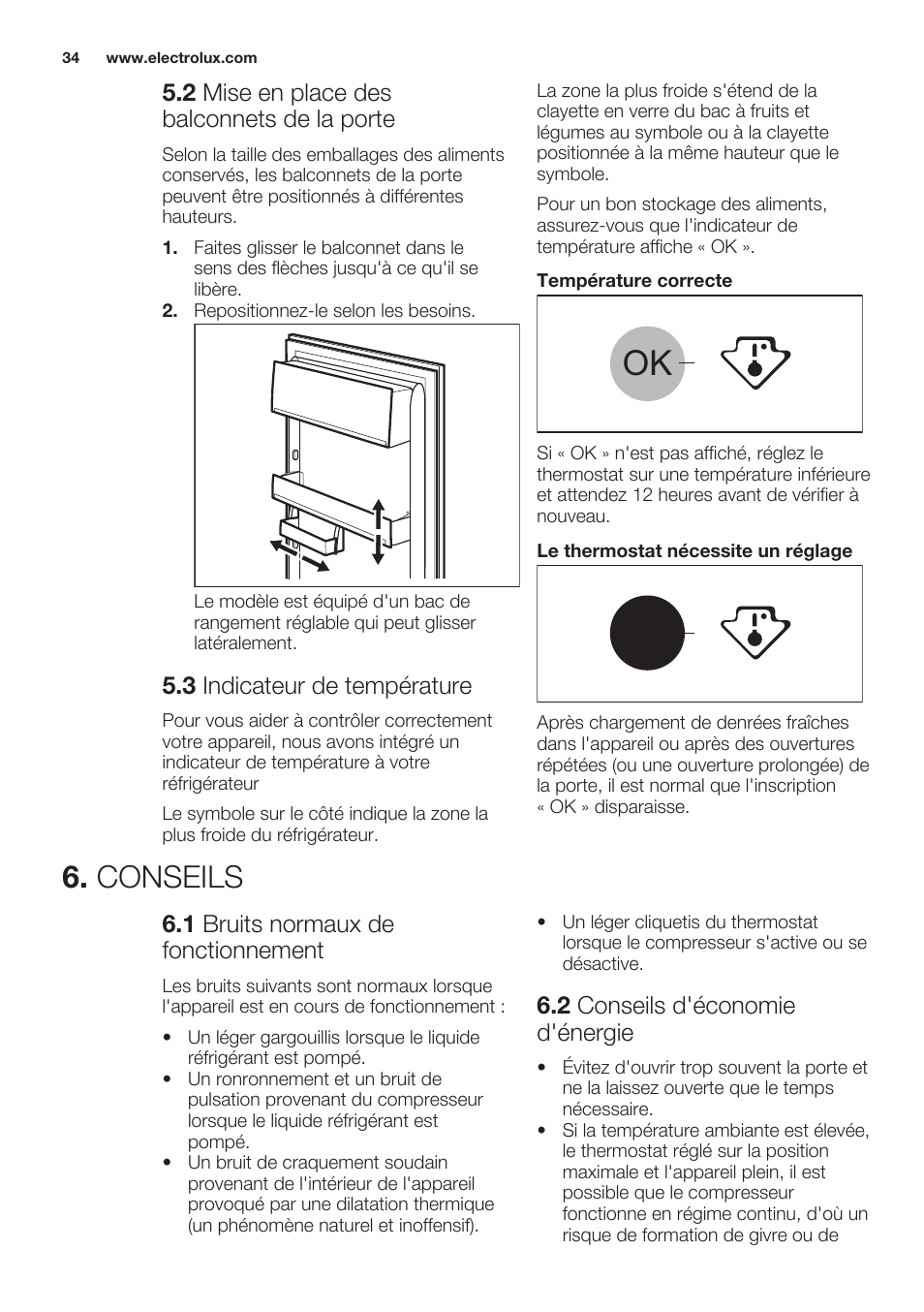 2 mise en place des balconnets de la porte, 3 indicateur de température, Conseils | 1 bruits normaux de fonctionnement, 2 conseils d'économie d'énergie | Electrolux ERT1606AOW User Manual | Page 34 / 60