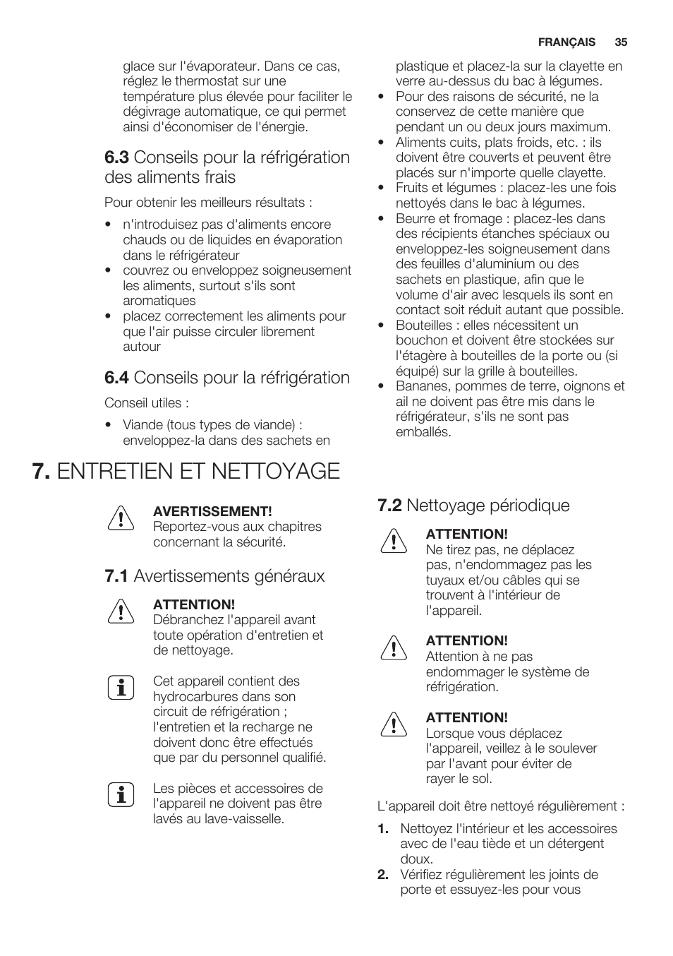 4 conseils pour la réfrigération, Entretien et nettoyage, 1 avertissements généraux | 2 nettoyage périodique | Electrolux ERT1606AOW User Manual | Page 35 / 60