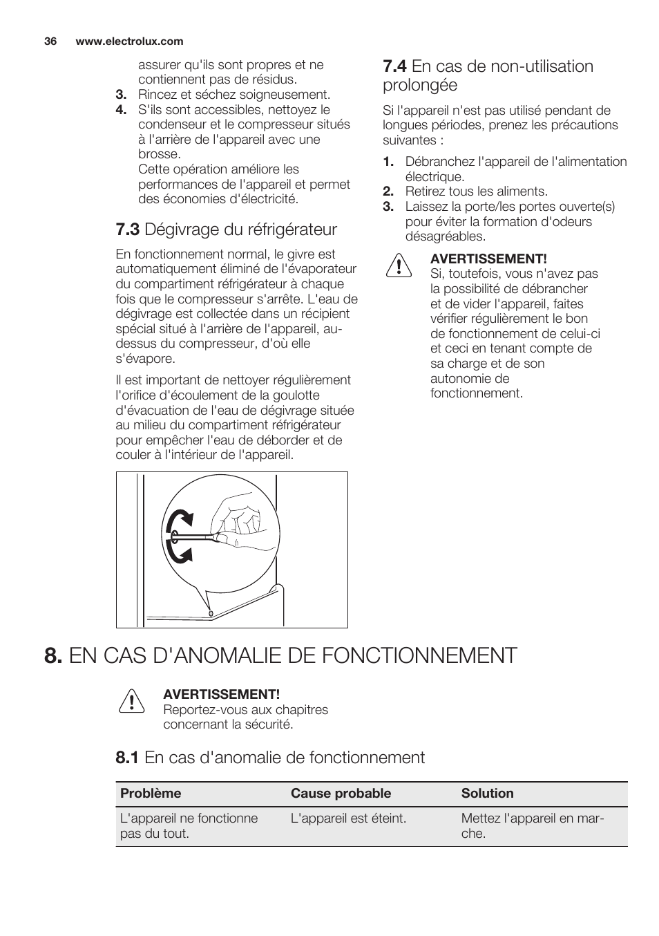 3 dégivrage du réfrigérateur, 4 en cas de non-utilisation prolongée, En cas d'anomalie de fonctionnement | 1 en cas d'anomalie de fonctionnement | Electrolux ERT1606AOW User Manual | Page 36 / 60