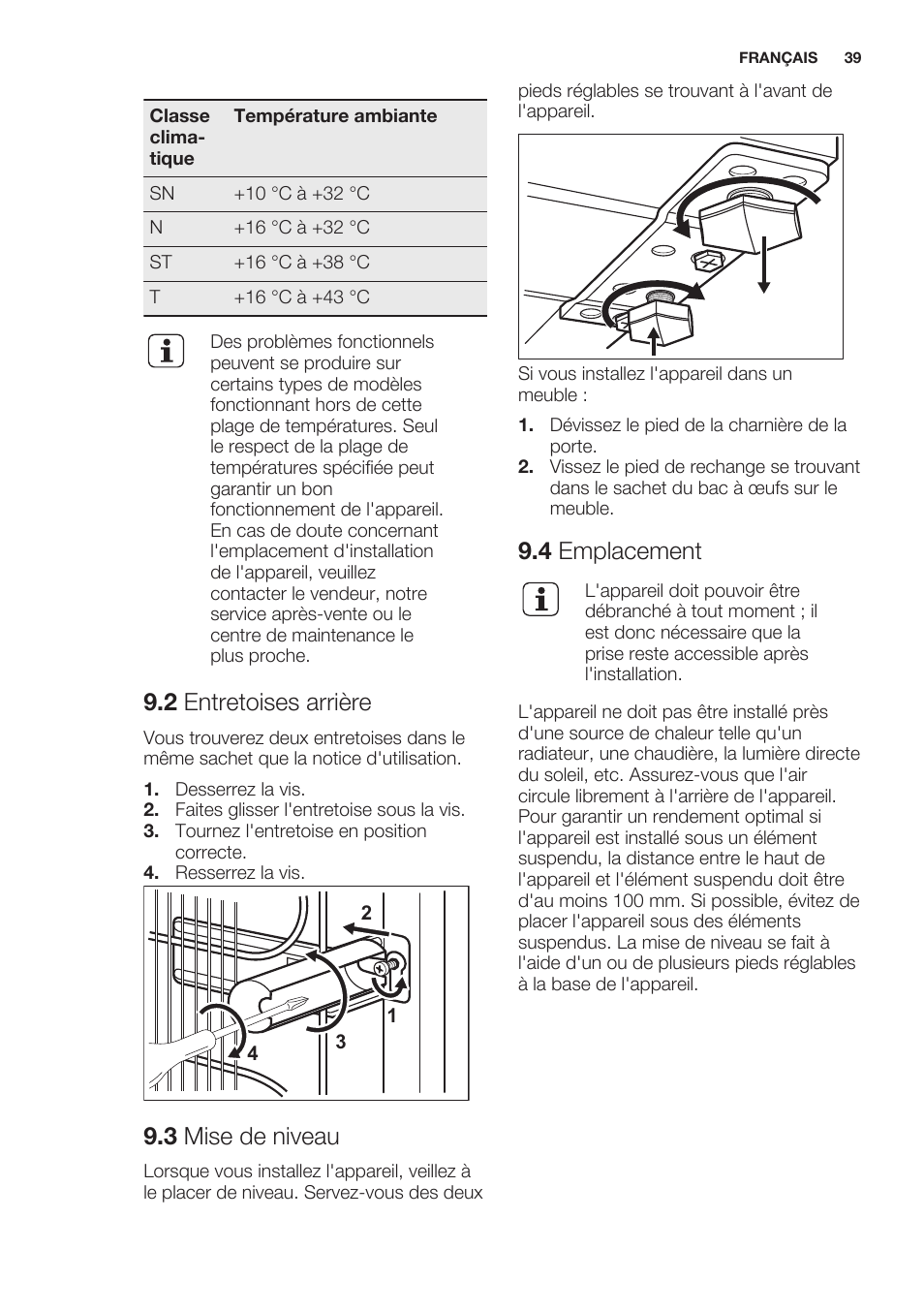 2 entretoises arrière, 3 mise de niveau, 4 emplacement | Electrolux ERT1606AOW User Manual | Page 39 / 60