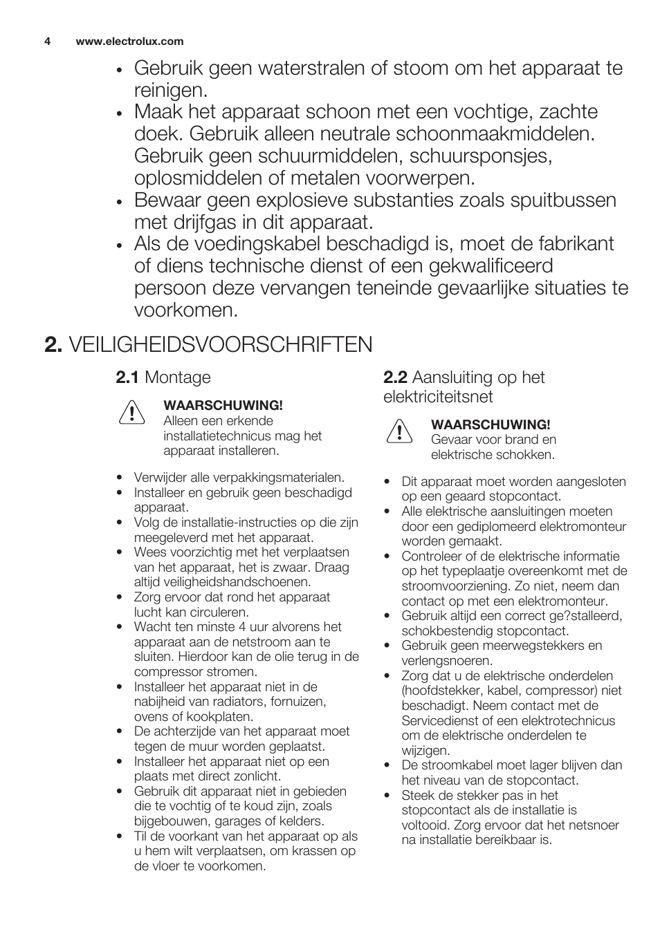 Veiligheidsvoorschriften, 1 montage, 2 aansluiting op het elektriciteitsnet | Electrolux ERT1606AOW User Manual | Page 4 / 60