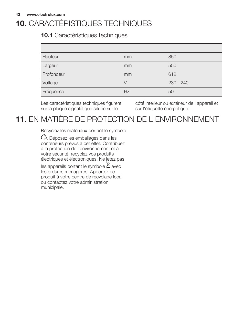 Caractéristiques techniques, 1 caractéristiques techniques, En matière de protection de l'environnement | Electrolux ERT1606AOW User Manual | Page 42 / 60