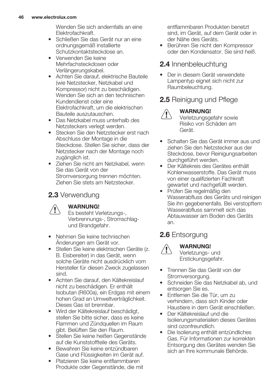 3 verwendung, 4 innenbeleuchtung, 5 reinigung und pflege | 6 entsorgung | Electrolux ERT1606AOW User Manual | Page 46 / 60