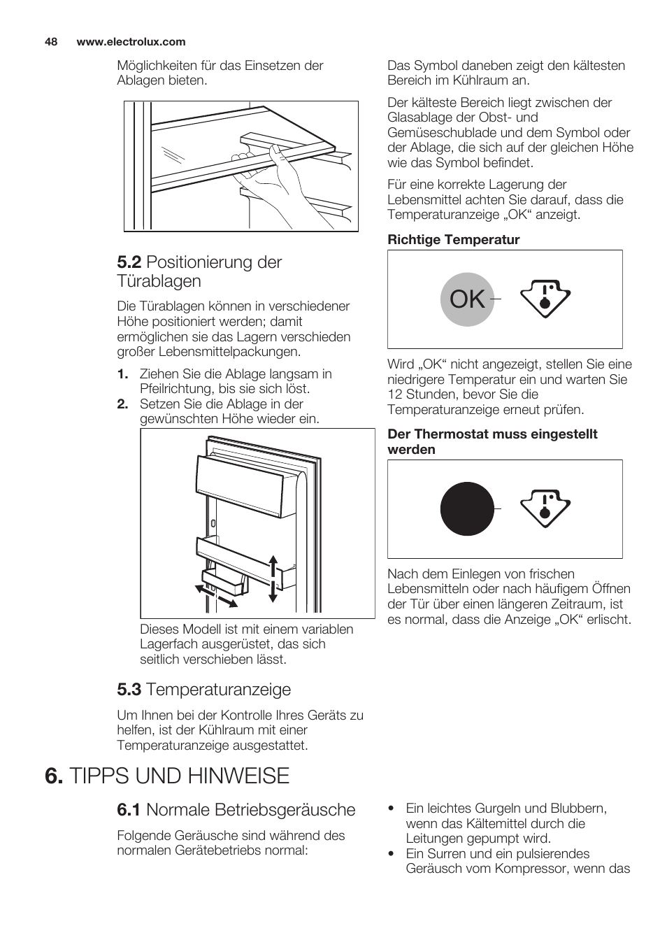 2 positionierung der türablagen, 3 temperaturanzeige, Tipps und hinweise | 1 normale betriebsgeräusche | Electrolux ERT1606AOW User Manual | Page 48 / 60