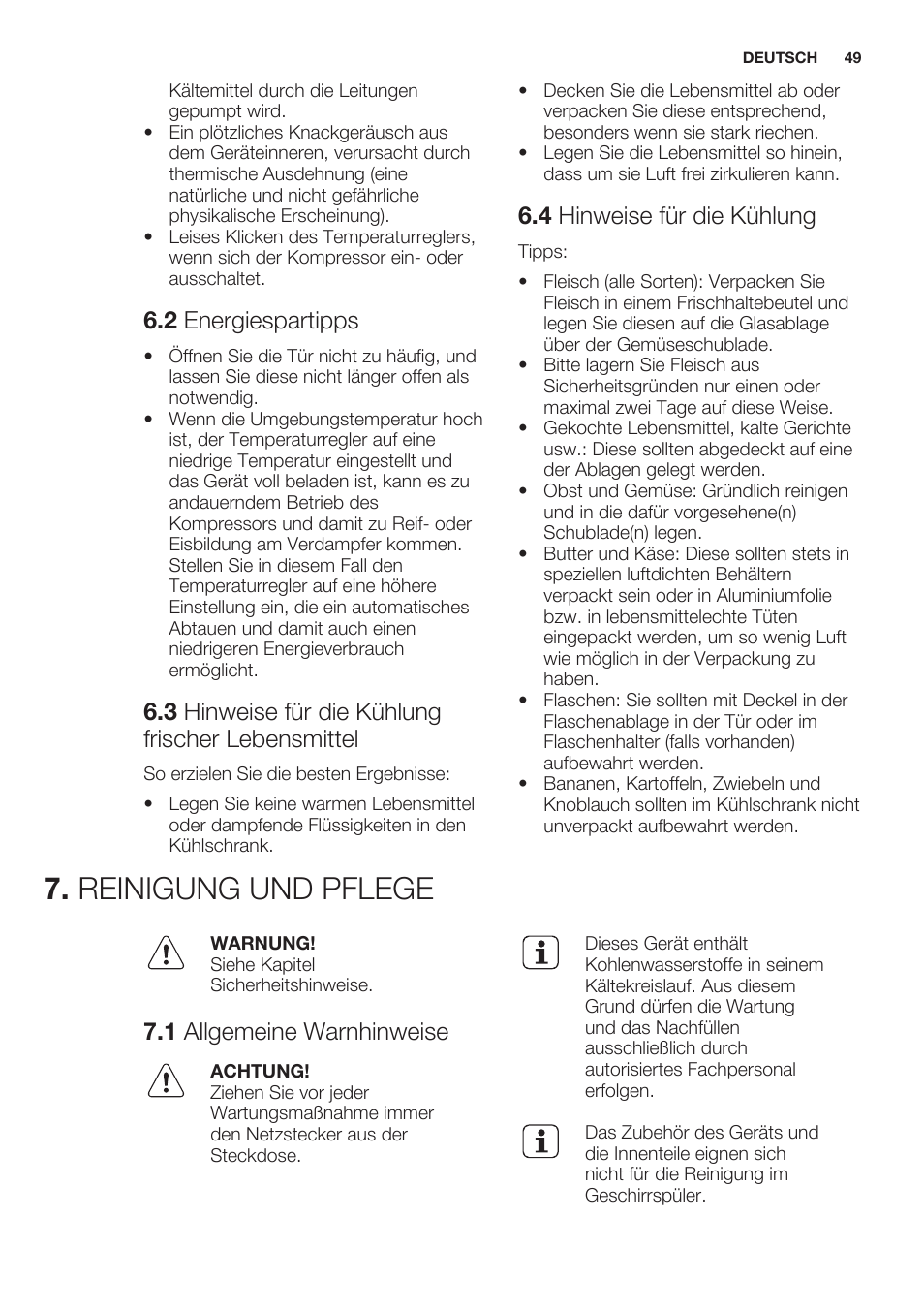 2 energiespartipps, 3 hinweise für die kühlung frischer lebensmittel, 4 hinweise für die kühlung | Reinigung und pflege, 1 allgemeine warnhinweise | Electrolux ERT1606AOW User Manual | Page 49 / 60